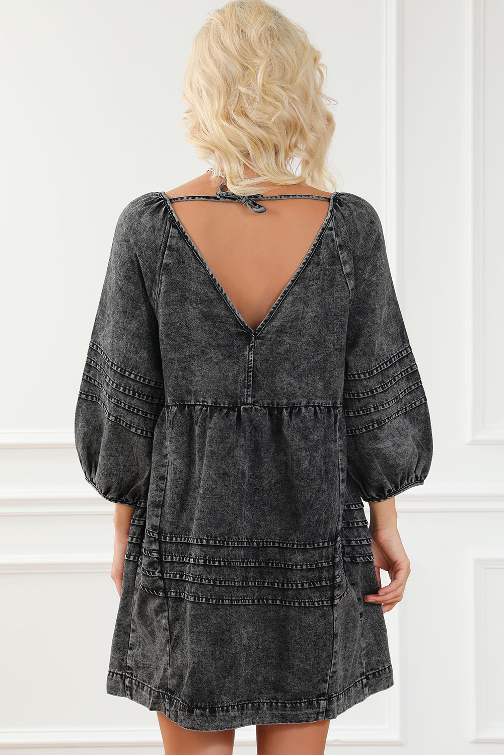 V-Neck Tie Back Mini Denim Dress-Teresa&#39;s Fashionista LLC