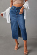 Slit Raw Hem Midi Denim Skirt-Teresa's Fashionista LLC