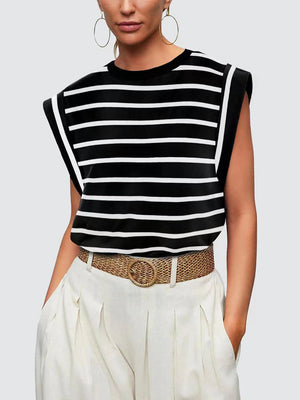 Striped Round Neck Cap Sleeve T-Shirt-Teresa's Fashionista LLC