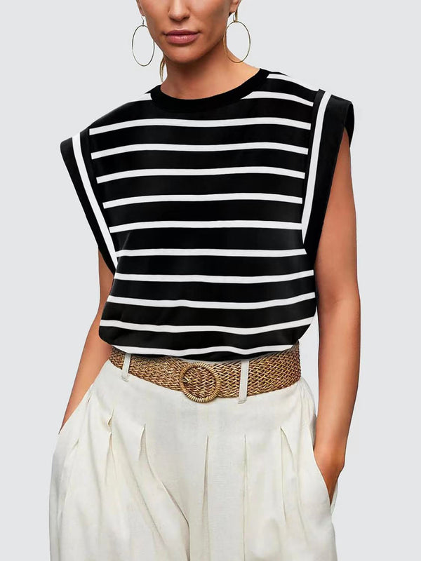 Striped Round Neck Cap Sleeve T-Shirt-Teresa's Fashionista LLC