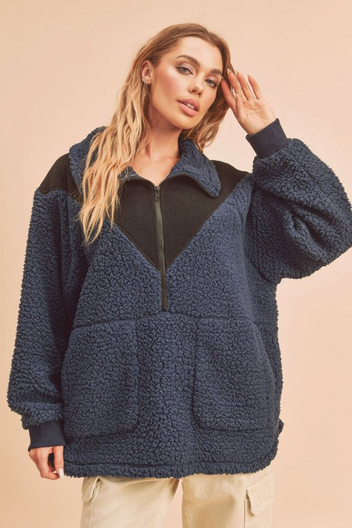 Aemi+Co Two Tone Half Zip Fleece Sweatshirt - Teresa's Fashionista LLC
