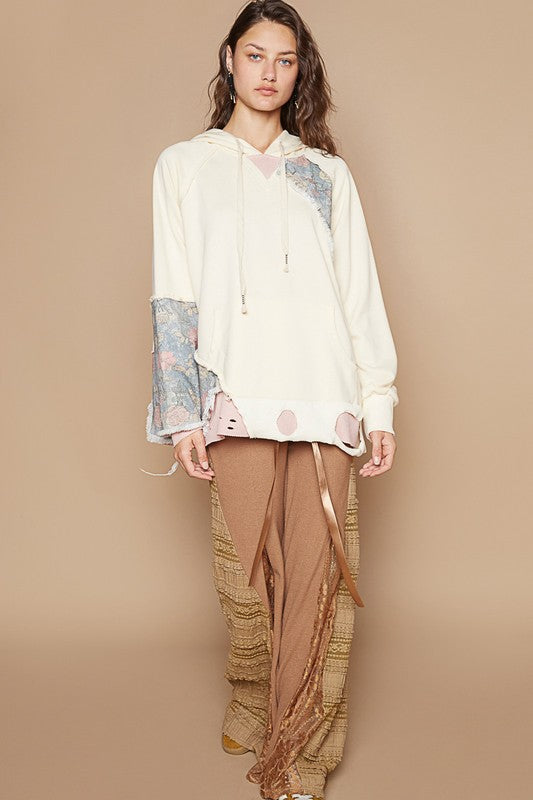 POL Floral Patchwork Distressed Drawstring Hoodie - Teresa's Fashionista LLC