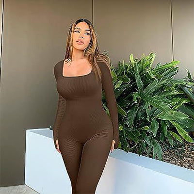 Women's Yoga Sports Fitness Jumpsuit Workout Long Sleeve Square Collar Clothing - Teresa's Fashionista LLC