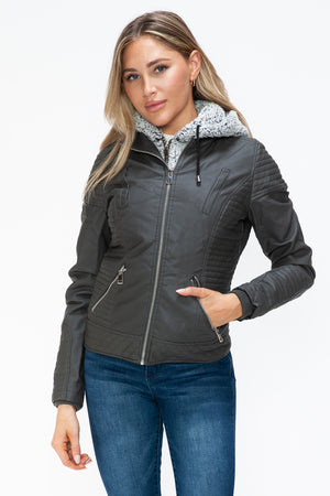 YMI Faux Layered Double-Zipper Jacket with Fuzzy Hood - Teresa's Fashionista LLC