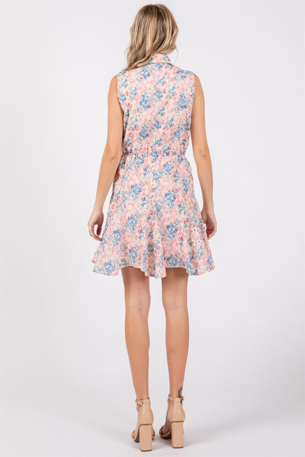 GeeGee Full Size Floral Eyelet Sleeveless Mini Dress-Teresa's Fashionista LLC