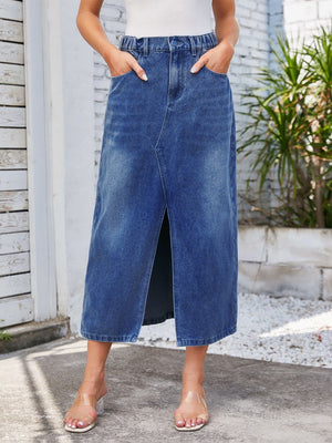 Slit Midi Denim Skirt with Pockets-Teresa's Fashionista LLC