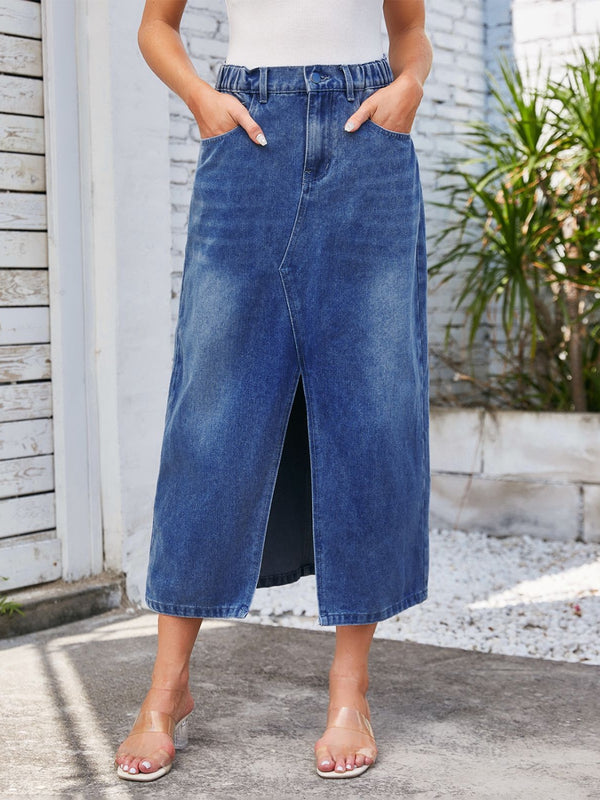 Slit Midi Denim Skirt with Pockets-Teresa's Fashionista LLC