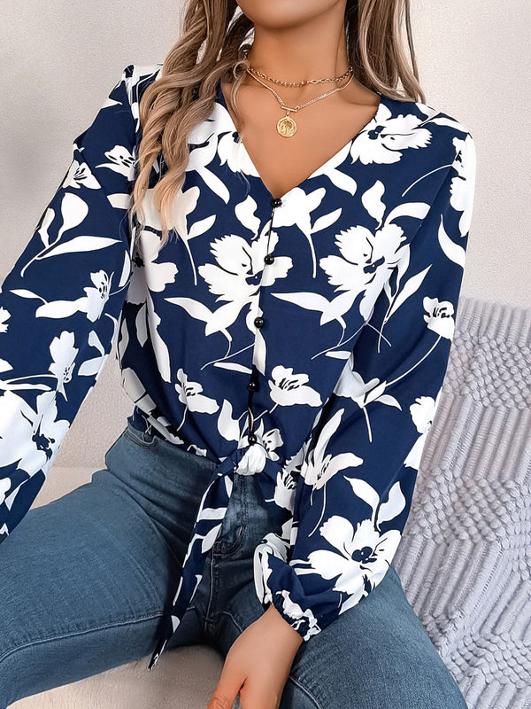 Printed V-Neck Long Sleeve Blouse-Teresa's Fashionista LLC