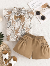 Children's Leaf Print Bow Decor Top and Shorts Set