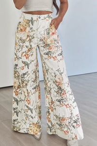 Vintage Style Floral Print High Waist Wide Leg Jeans