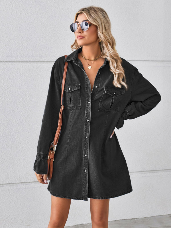 Pocketed Dropped Shoulder Mini Denim Dress-Teresa's Fashionista LLC
