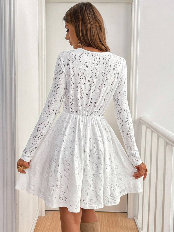 Lace Detail V Neck Long Sleeve Mini Dress - Teresa's Fashionista LLC