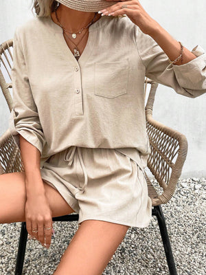 Notched Long Sleeve Top and Shorts Set-Teresa's Fashionista LLC