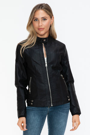 Snobbish Faux Leather Biker Jacket with Side Zip Pockets - Teresa's Fashionista LLC