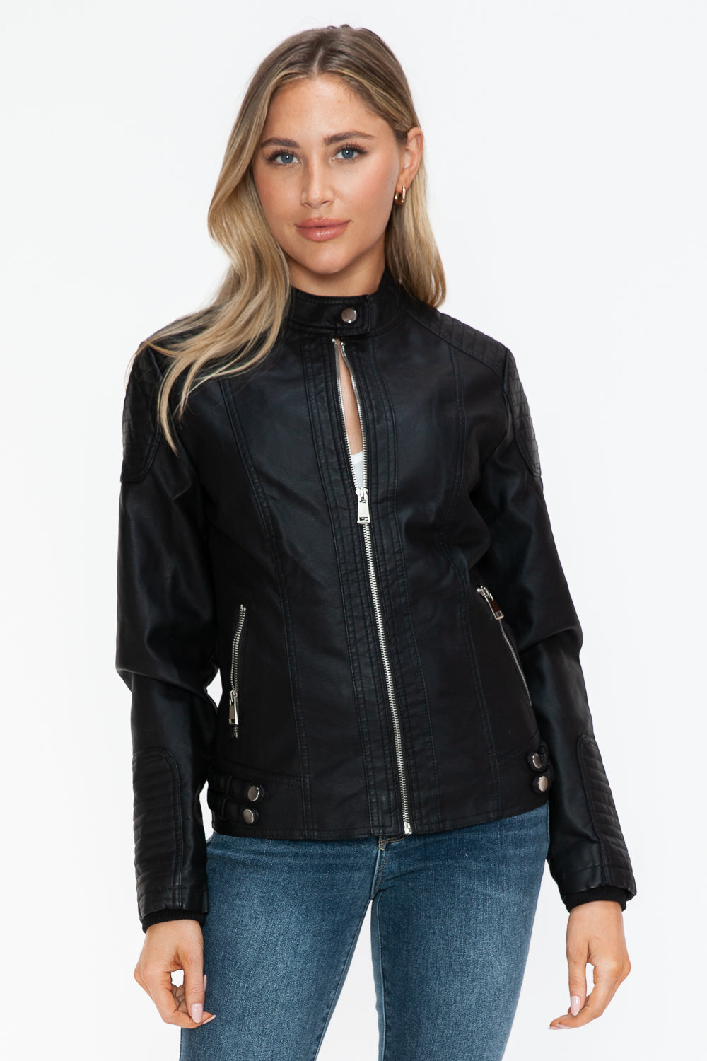 Snobbish Faux Leather Biker Jacket with Side Zip Pockets - Teresa's Fashionista LLC