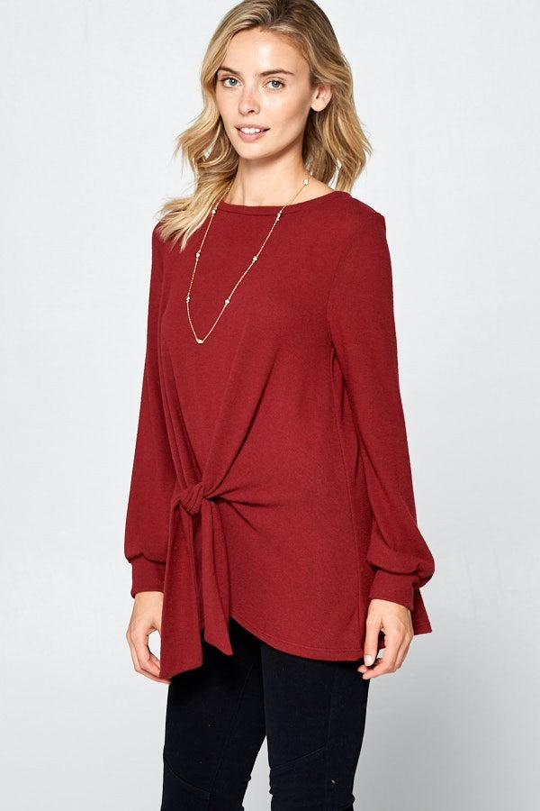 Super Lady Full Size Round Neck Knot Front Hacci Blouse - Teresa's Fashionista LLC