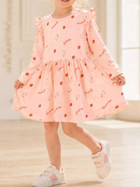 Children's Strawberry and Bunny Print Ruffled Long-Sleeve A-Line Dress