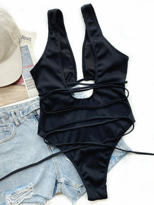 Ribbed Lace Up One-Piece Swimsuit-Teresa's Fashionista LLC