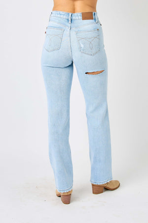 Judy Blue Full Size High Waist Distressed Straight Jeans-Teresa's Fashionista LLC
