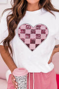 Sequin checkered heart round neck short sleeve t-shirt