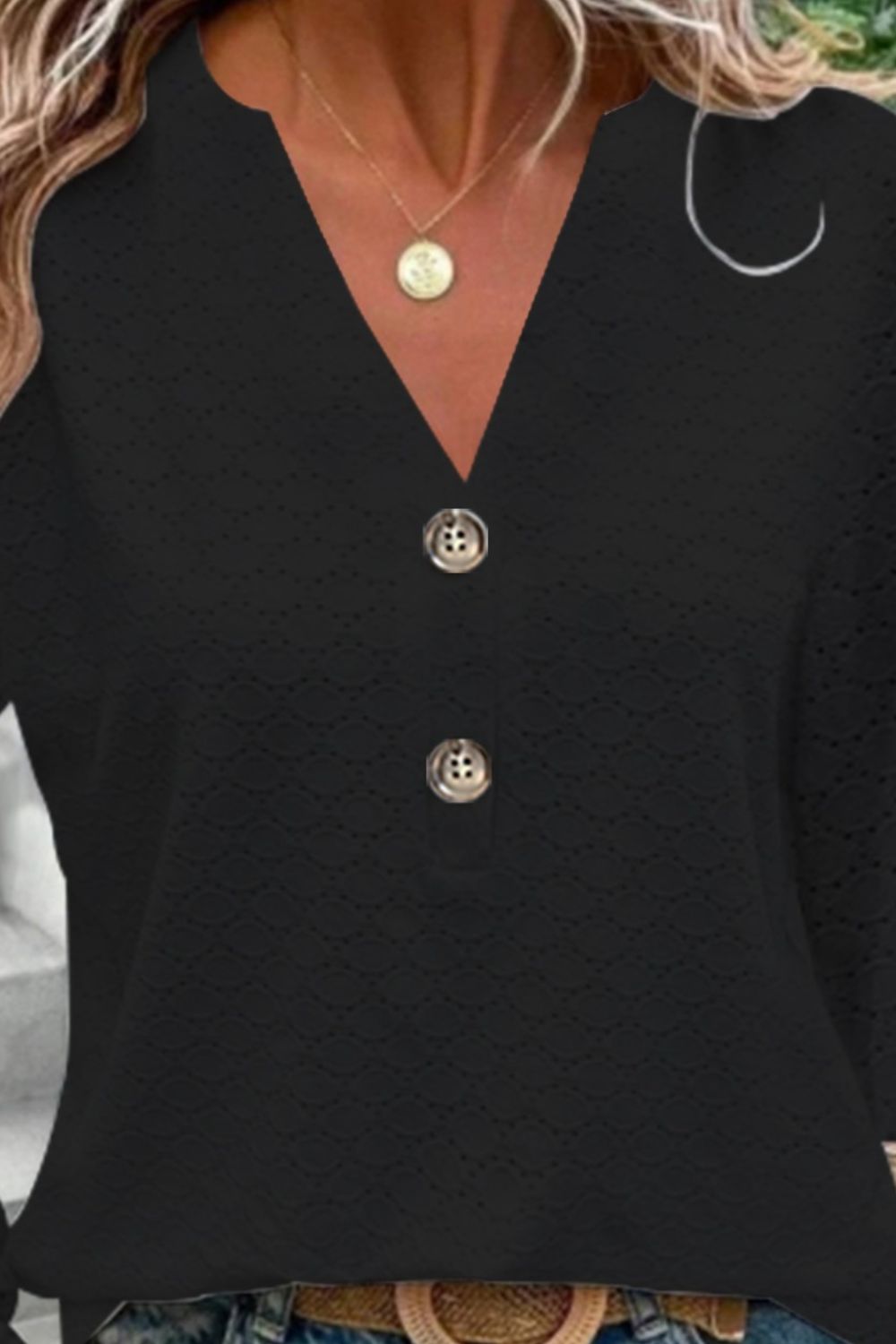 Eyelet Notched Long Sleeve T-Shirt-Teresa&#39;s Fashionista LLC