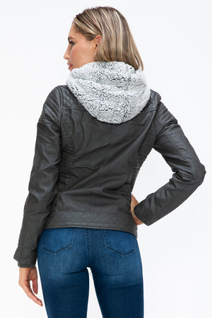 YMI Faux Layered Double-Zipper Jacket with Fuzzy Hood - Teresa's Fashionista LLC
