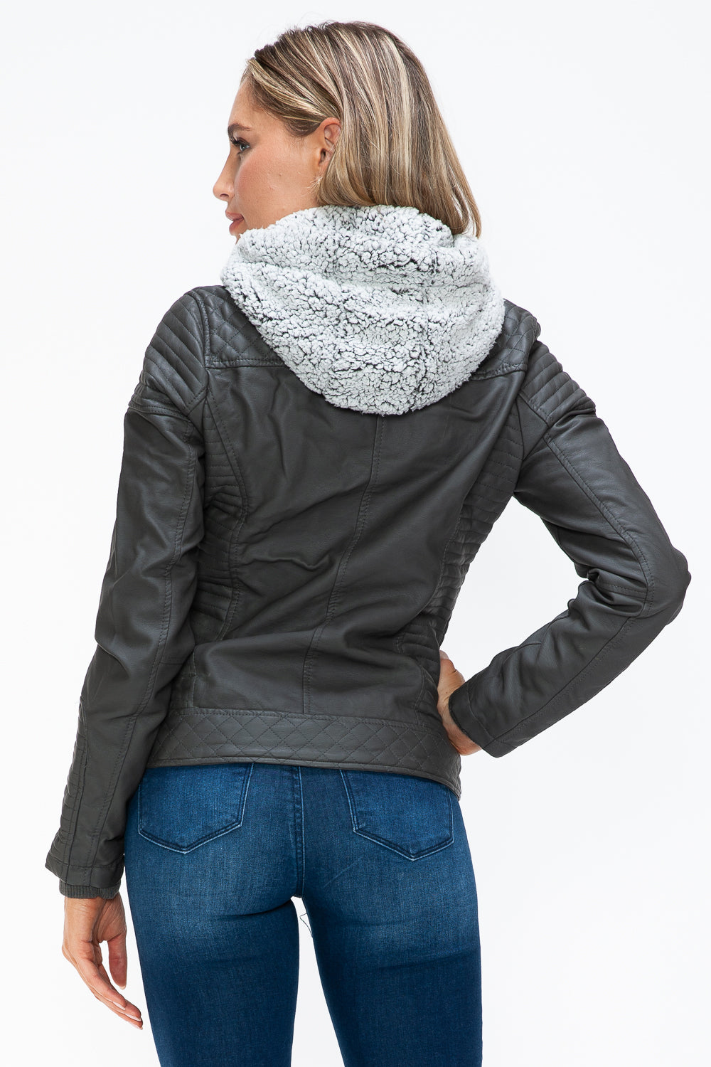YMI Faux Layered Double-Zipper Jacket with Fuzzy Hood - Teresa's Fashionista LLC