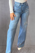 Rhinestone Straight Jeans with Pockets-Teresa's Fashionista LLC