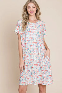 BOMBOM Printed Round Neck Short Sleeve Tee Dress
