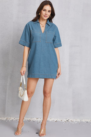 Pocketed Collared Neck Mini Denim Dress-Teresa's Fashionista LLC