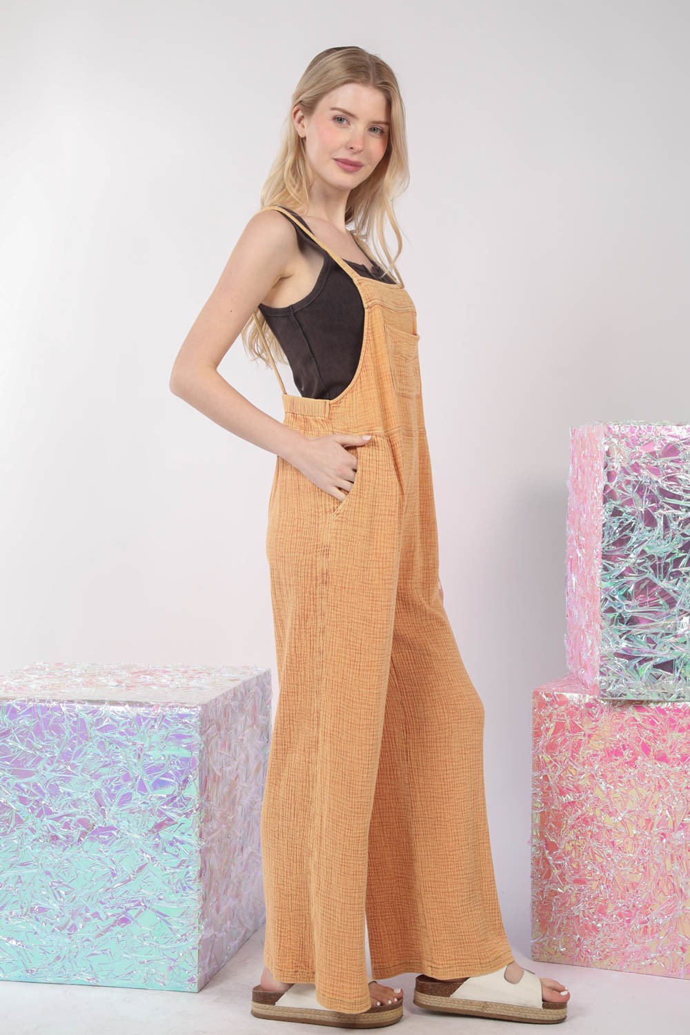 VERY J Texture Washed Wide Leg Overalls - Teresa's Fashionista LLC