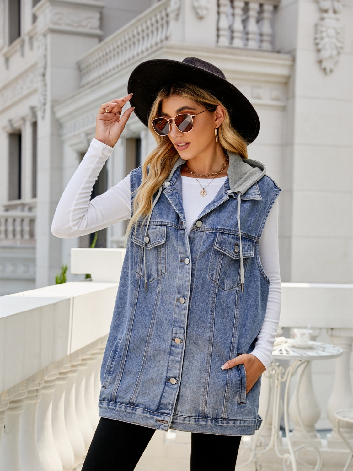 Drawstring Pocketed Button Up Sleeveless Denim Jacket-Teresa&#39;s Fashionista LLC