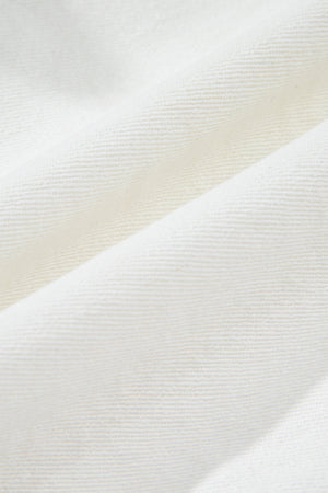 White raw hem high waist denim shorts with frayed edges and durable fabric