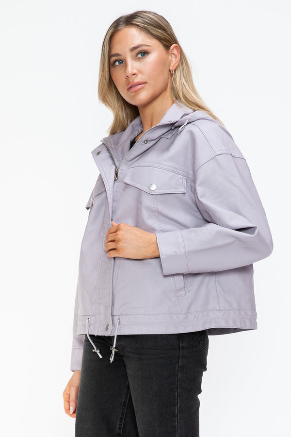 How Dare U Drawstring Hem PU Leather Zip Up Jacket - Teresa's Fashionista LLC