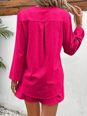 Notched Long Sleeve Top and Shorts Set-Teresa's Fashionista LLC