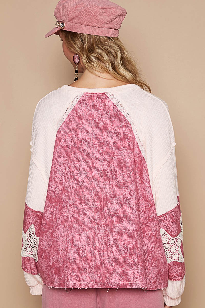 POL Lace Detail Floral Pattern V Neck Top - Teresa's Fashionista LLC
