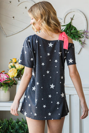 Heimish Full Size Star Print Asymmetrical Neck Short Sleeve Top-Teresa's Fashionista LLC