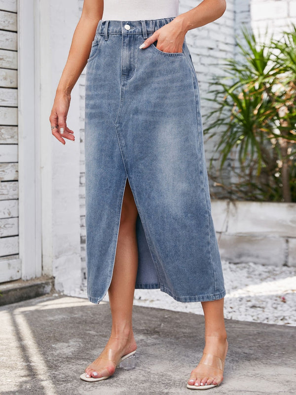 Slit Midi Denim Skirt with Pockets-Teresa's Fashionista LLC