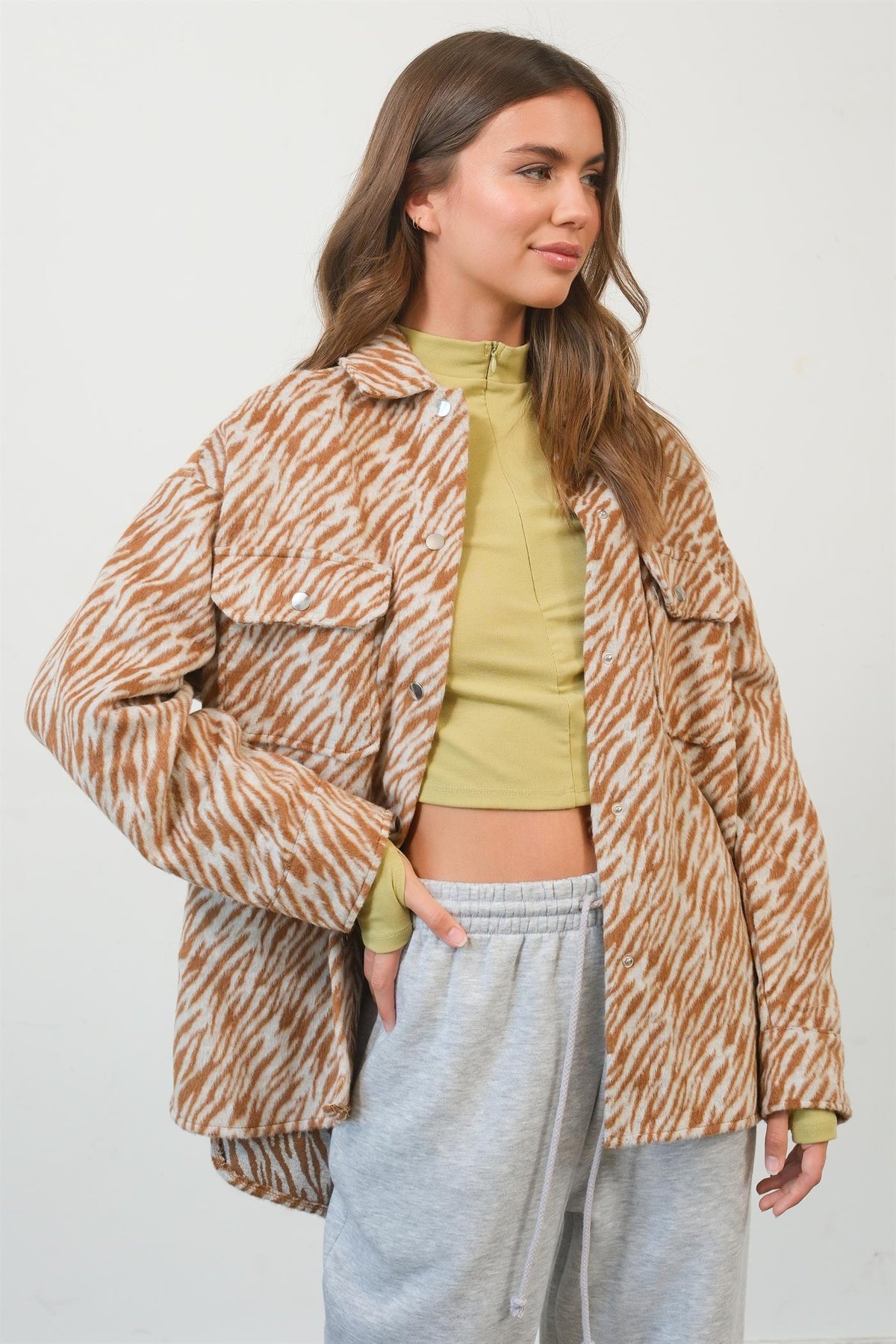 HYFVE Zebra Print Snap Down Long Sleeve Shacket - Teresa's Fashionista LLC
