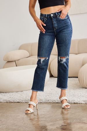 RFM Crop Dylan Full Size Tummy Control Distressed High Waist Raw Hem Jeans-Teresa's Fashionista LLC