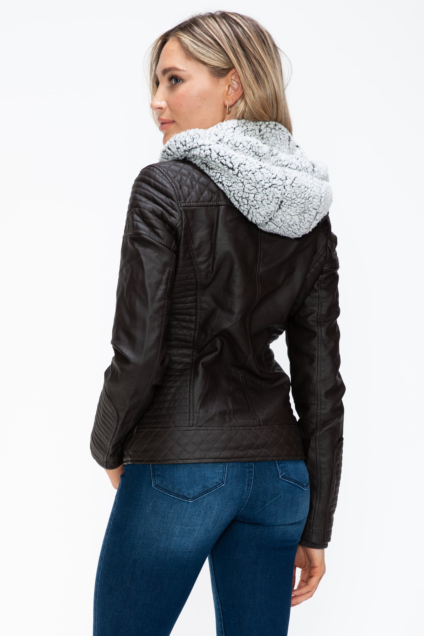 YMI Faux Layered Double-Zipper Jacket with Fuzzy Hood - Teresa's Fashionista LLC