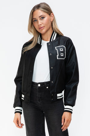 Love Me Now PU Leather Contrast Snap Down Bomber Jacket - Teresa's Fashionista LLC