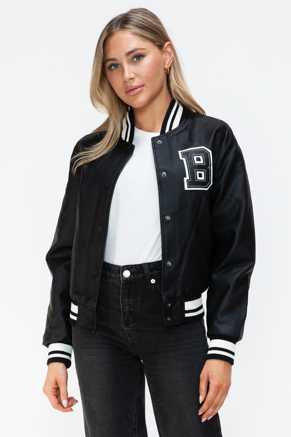 Love Me Now PU Leather Contrast Snap Down Bomber Jacket - Teresa's Fashionista LLC