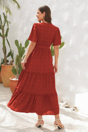 Swiss Dot Tied Surplice Short Sleeve Dress-Teresa's Fashionista LLC
