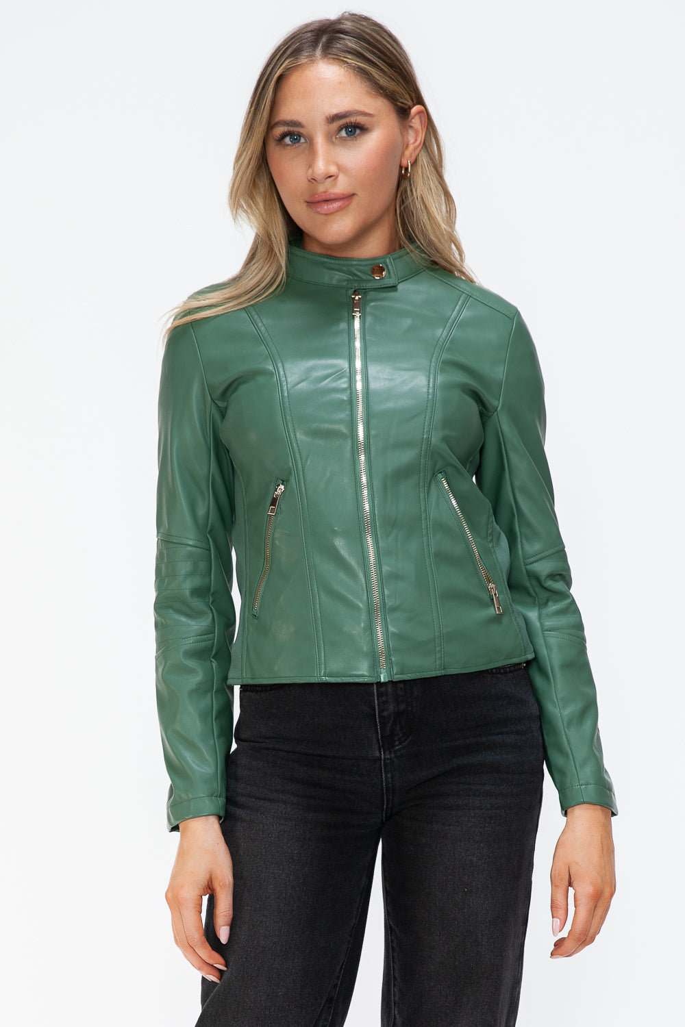 Snobbish Faux Leather Zip Up Drawstring Hooded Jacket - Teresa's Fashionista LLC