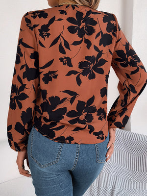 Printed V-Neck Long Sleeve Blouse-Teresa's Fashionista LLC