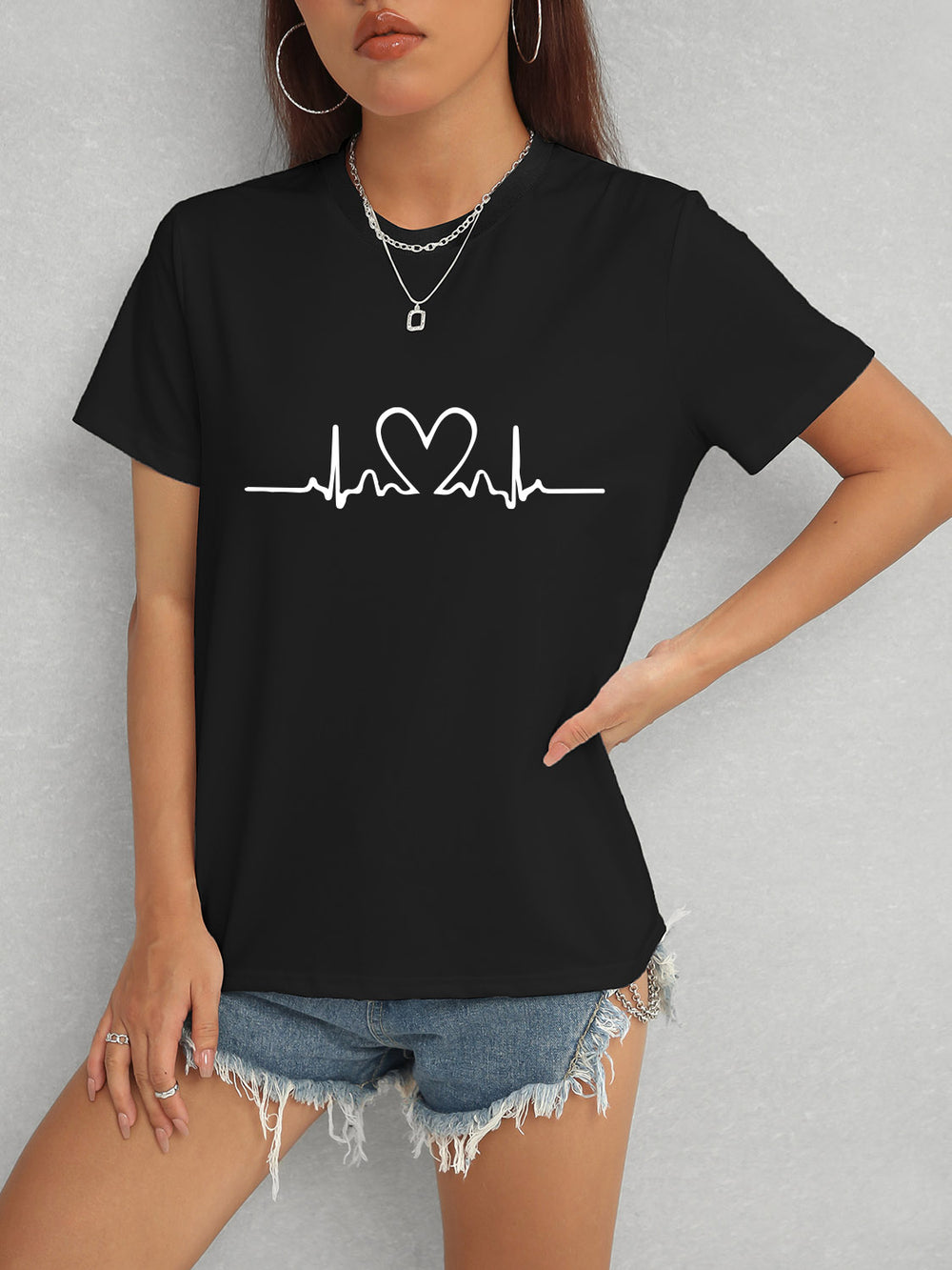 Heart Round Neck Short Sleeve T-Shirt-Teresa's Fashionista LLC