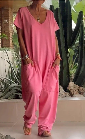European And American Solid Color And V-neck Oversized Pocket Low-grade Jumpsuit - Teresa's Fashionista LLC