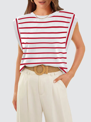 Striped Round Neck Cap Sleeve T-Shirt-Teresa's Fashionista LLC