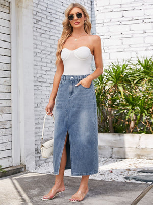 Slit Midi Denim Skirt with Pockets-Teresa's Fashionista LLC